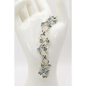Vintage Coro Blue Rhinestone Leaf Bracelet Rhodium 6.75”